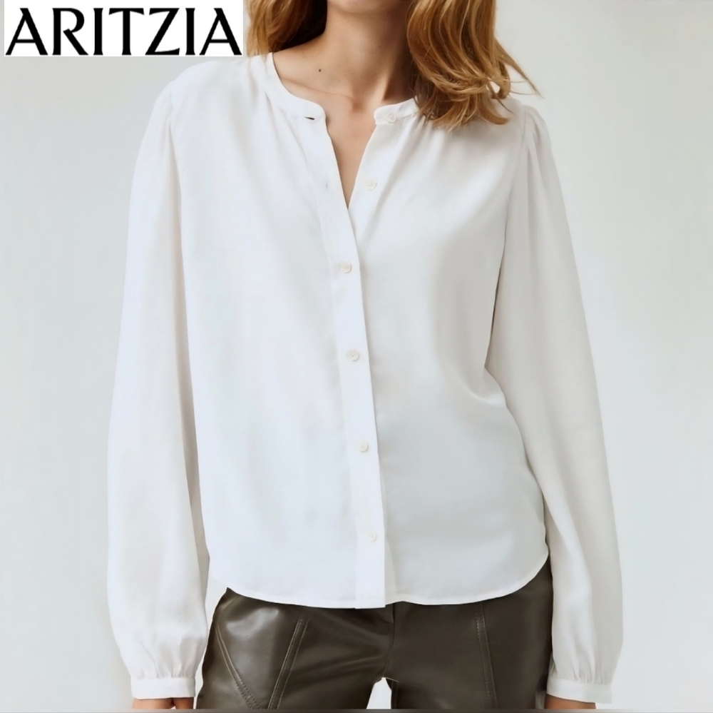 🇨🇦 Aritzia Wilfred Naomi White Long-Sleeve Silk Button-Up Shirt Blouse